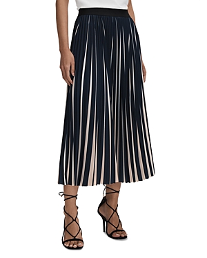 Shop Reiss Saige Striped Pleated Midi Skirt In Navy/cream