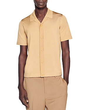 Shop Sandro Short Sleeve Knit Camp Shirt In Champagne