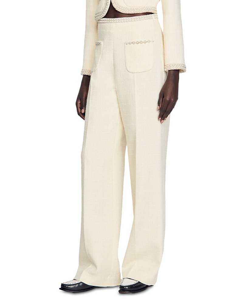 Sandro Tweed Bead-trim Tailored Trousers In Ecru