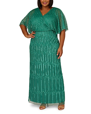 Adrianna Papell Plus Beaded Gown In Jungle Green