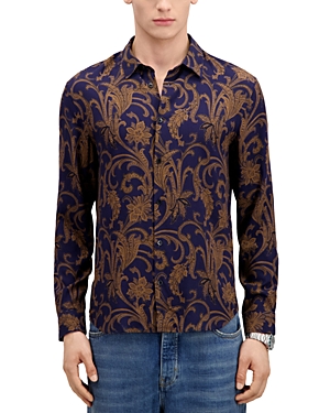 The Kooples Printed Long Sleeve Button Front Shirt In Navy/ Brown