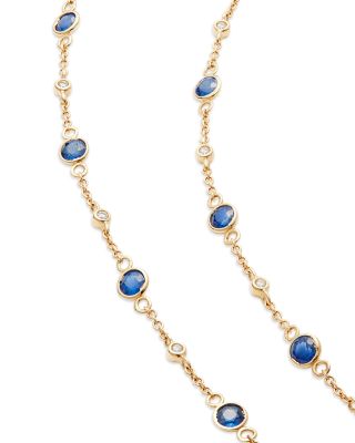 Blue Sapphire & Diamond Bezel Station Collar Necklace in 14K Yellow Gold, 16-18"