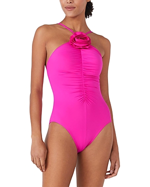 Kate Spade New York High Neck Rosette One Piece Swimsuit In Vivid Snapdragon