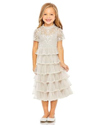 Mac Duggal - Girls High Neck Embroidered Short Sleeve Dress - Little Kid, Big Kid