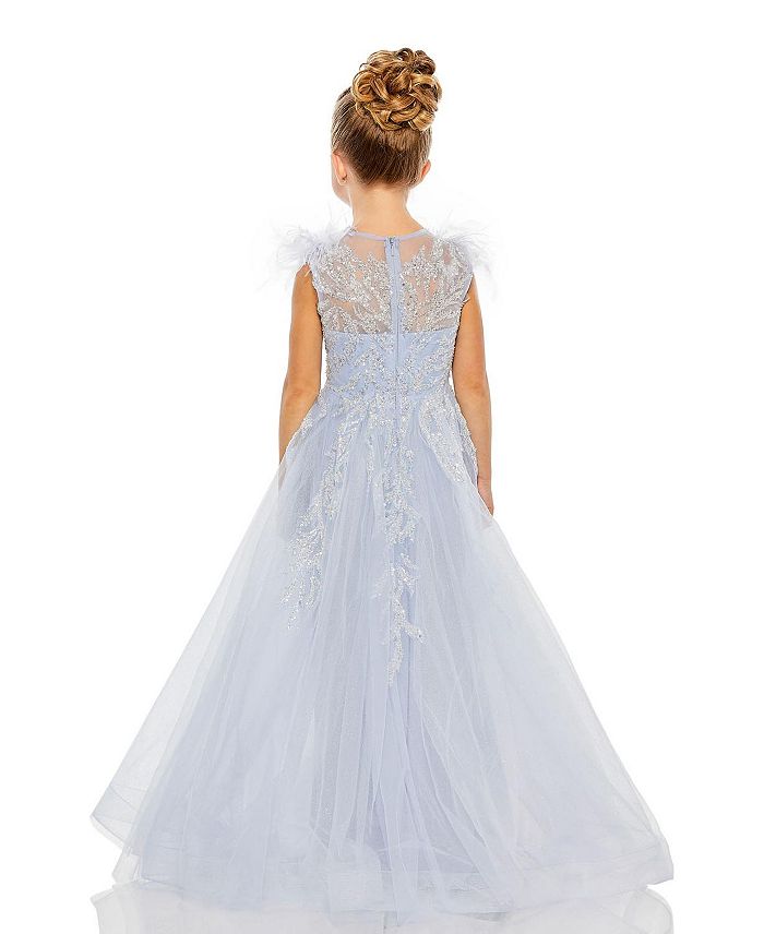 Shop Mac Duggal Girls' Feather Sleeve Detail Glitter Tulle Dress - Little Kid, Big Kid In Ice Blue