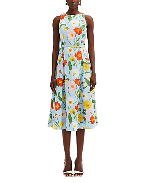 Shop Oscar De La Renta Painted Poppies Sleeveless Belted Dress In Light Blue