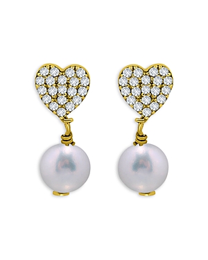Aqua Pave Heart & Cultured Freshwater Pearl Drop Earrings in 18K Gold Plated Sterling Sliver - 100% 