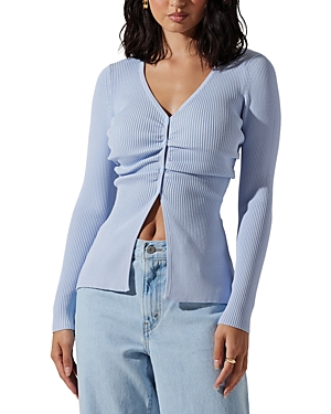 Shop Astr The Label Ansen Ruched Cardigan In Powder Blue