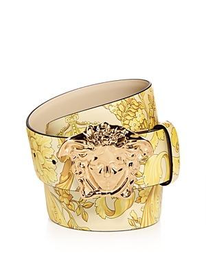 Shop Versace Men's Barocco Print Reversible Leather Belt In Champagne