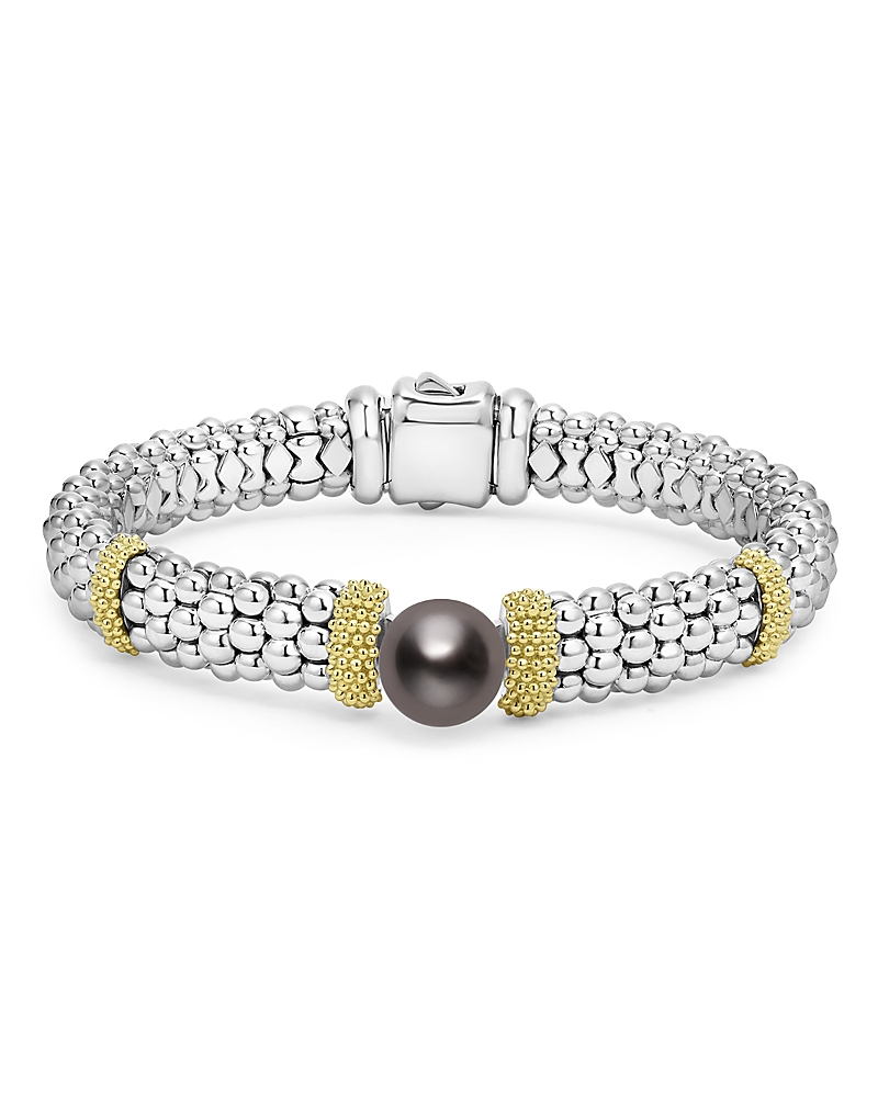 Lagos 18k Yellow Gold & Sterling Silver Luna Black Tahitian Pearl Caviar Bead Bracelet In Black/silver