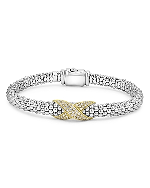 Shop Lagos 18k Yellow Gold & Sterling Silver Embrace Diamond Pave X Caviar Bead Bracelet In Silver/gold