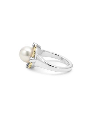 18K Yellow Gold & Sterling Silver Luna Cultured Freshwater Pearl & Diamond Halo Ring