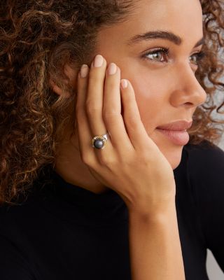 18K Yellow Gold & Sterling Silver Luna Black Tahitian Pearl & Diamond Halo Ring