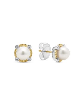 18K Yellow Gold & Sterling Silver Luna Cultured Freshwater Pearl & Diamond Stud Earrings