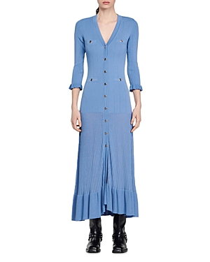 Shop Sandro Lilwenn Mixed Ribbed Knit Midi Dress In Blue