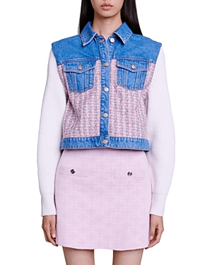 Shop Maje Batri Mixed Media Denim Jacket In Pink/ Ecru