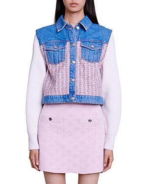 Maje Womens Roses Batri Contrast-sleeve Tweed Cotton-blend Jacket In Pink/ Ecru