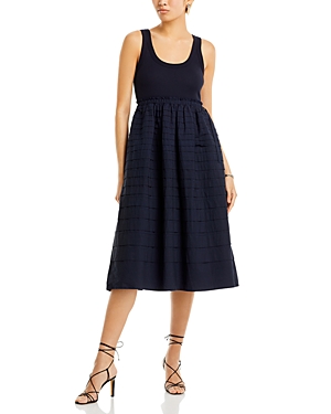 Cinq À Sept Akira Sleeveless Scoop-neck Pintuck Combo Midi Dress In Navy