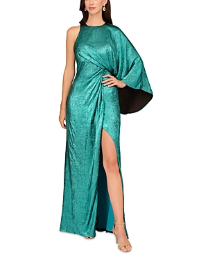 Shop Aidan Mattox One Shoulder Foil Chiffon Gown In Jade