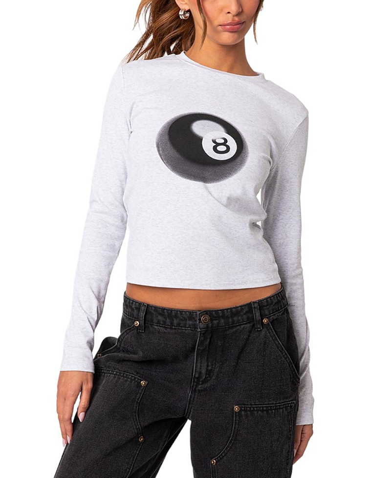 Edikted Billiard Long Sleeve Graphic T-shirt In Gray Melange