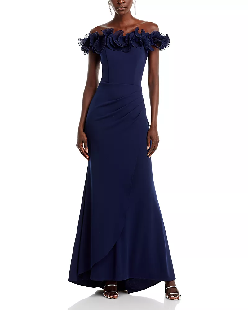 Aqua Ruffled Neck Evening Gown - Exclusive