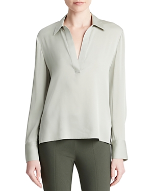 Vince Silk Stretch V Neck Top In Silver Sage
