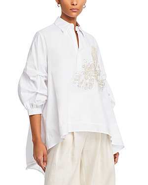 Shop Nancy Yang Beaded Puff Sleeve Shirt In White