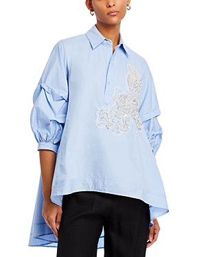 Shop Nancy Yang Beaded Puff Sleeve Shirt In Blue