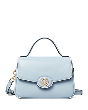 Shop Tory Burch Small Robinson Spazzolato Top Handle Bag In Pale Blue/gold