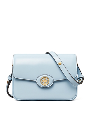 Shop Tory Burch Robinson Spazzolato Leather Convertible Shoulder Bag In Pale Blue/gold