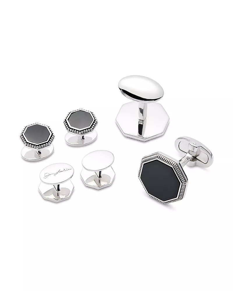 Jan Leslie Octagon Gemstone with Antique Border Cufflinks and Sterling Silver Stud Set