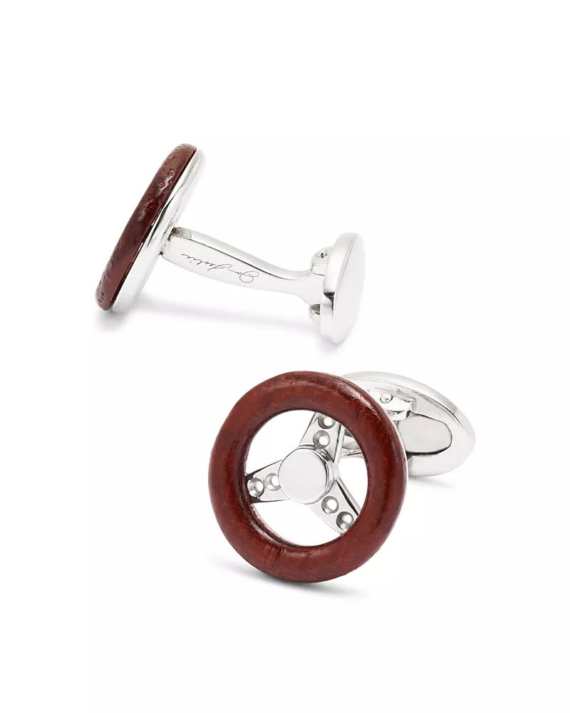Jan Leslie Sports Car Steering Wheel Round Wood & Sterling Silver Cufflinks