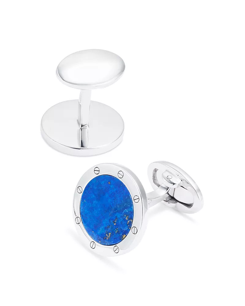 Jan Leslie Round Rivet Etched Blue Lapis & Sterling Silver Cufflinks
