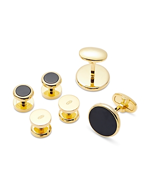 Shop Link Up Gold-tone Round Black Obsidian Stud & Cufflink Set In Black/gold