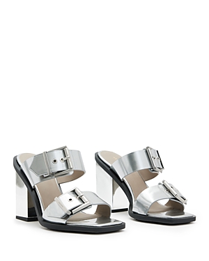 Shop Allsaints Women's Camille Mule Square Toe High Heel Sandals In Metallic Silver