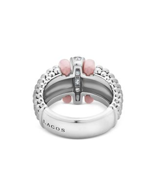 Sterling Silver Pink Caviar Diamond & Pink Ceramic Bead Statement Ring