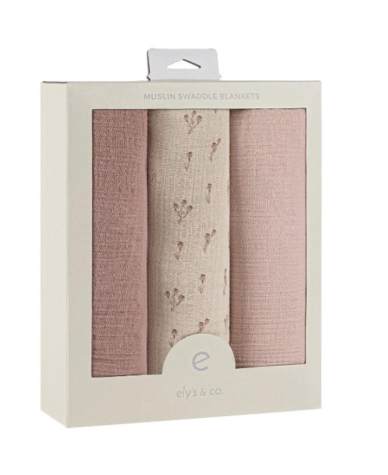 Ely's & Co. Unisex Cotton Muslin Swaddle Blankets, 3 Pack - Baby In Mauve Bluebell