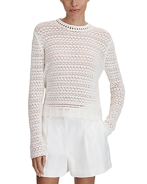Shop Reiss Long Sleeve Crocheted Top In White