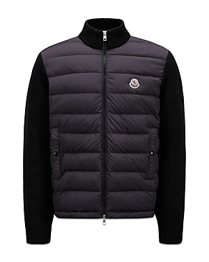 Shop Moncler Quilted Down Mixed Media Cardigan In Black