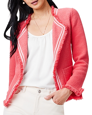 Nic + Zoe Ribbon Trim Fringe Mix Knit Jacket In Coral