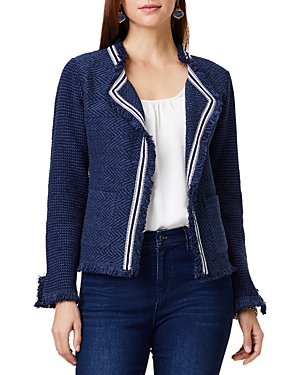 Shop Nic + Zoe Nic+zoe Ribbon Trim Fringe Mix Knit Blazer In Dark Indigo