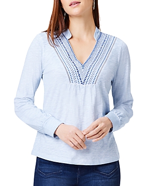 Nic + Zoe Blueline Embroidered Cotton Peasant Top In Blue Multi