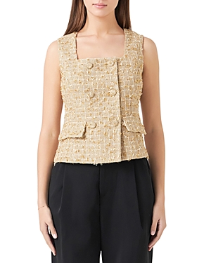 Endless Rose Sleeveless Double Breasted Tweed Top In Gold