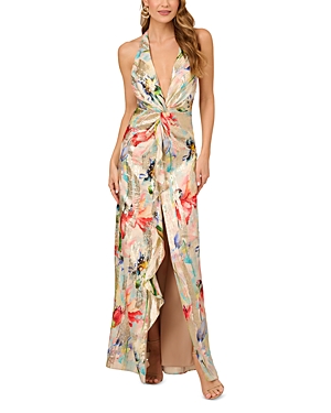 Lv Foster Plunging Printed Jacquard Gown