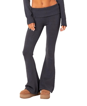 Shop Edikted Desiree Knitted Low Rise Fold Over Pants In Dark Blue