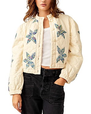 Free People Quinn Floral Accent Quilted Crop Jacket In Teal Combo