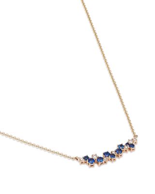 Blue Sapphire & Diamond Curved Bar Necklace in 14K Yellow Gold, 18"