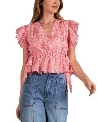 Elan - Floral Ruffle Sleeve Side Tie Top