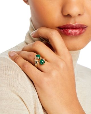Malachite & Diamond Bypass Ring in 14K Yellow Gold