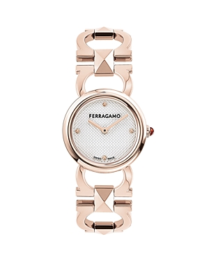 Shop Ferragamo Double Gancini Stud Watch, 25mm In Silver/rose Gold